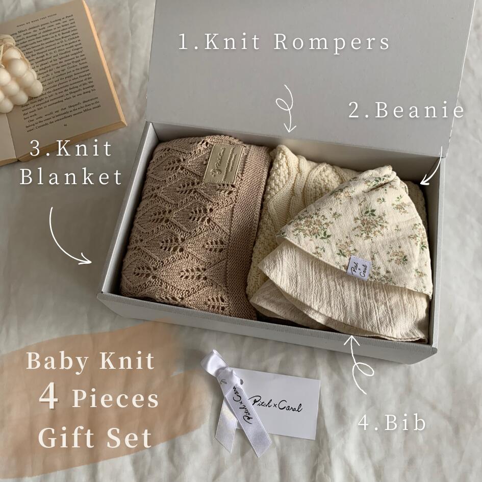 [Gift Set] Cotton Knit Romper & Blanket & Gaze RollingBib set