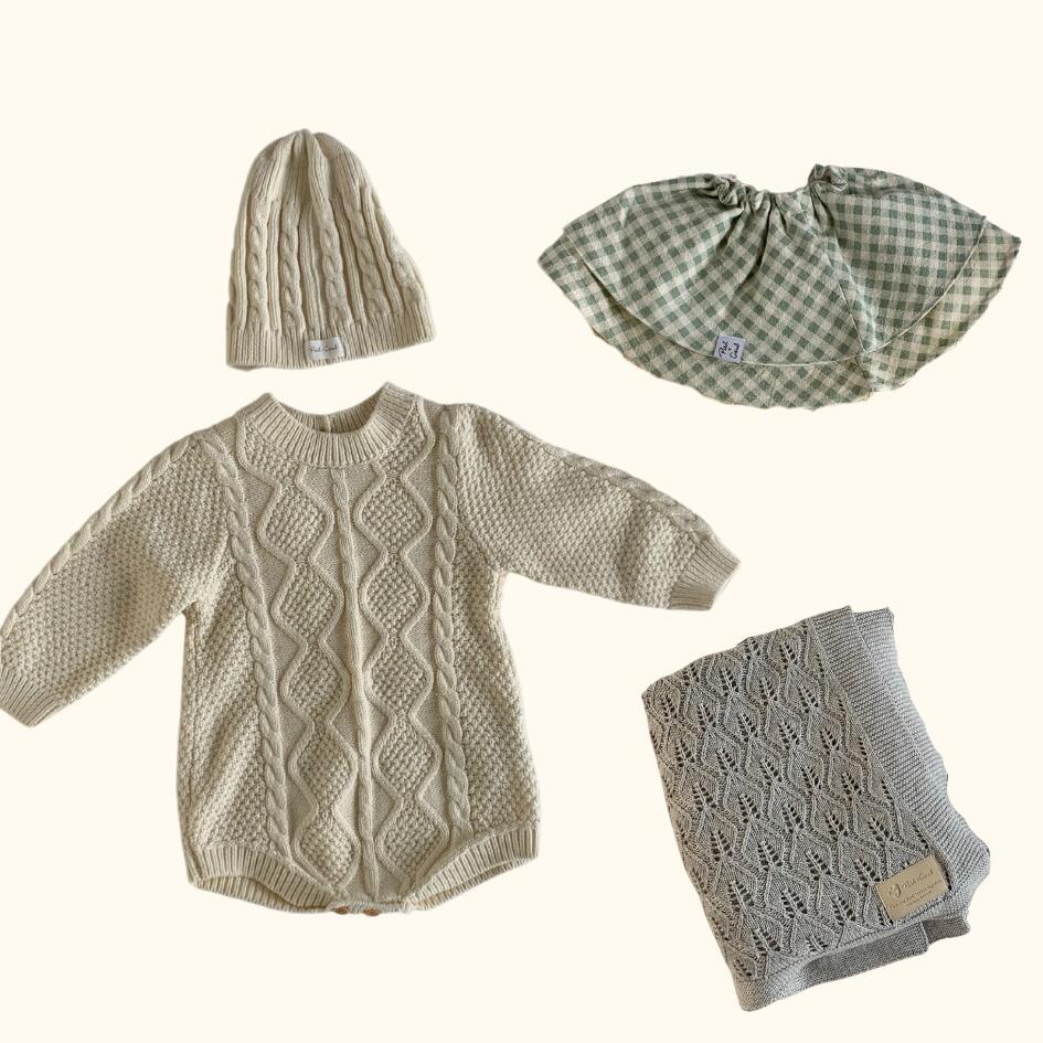 [Gift Set] Cotton Knit Romper & Blanket & Gaze RollingBib set