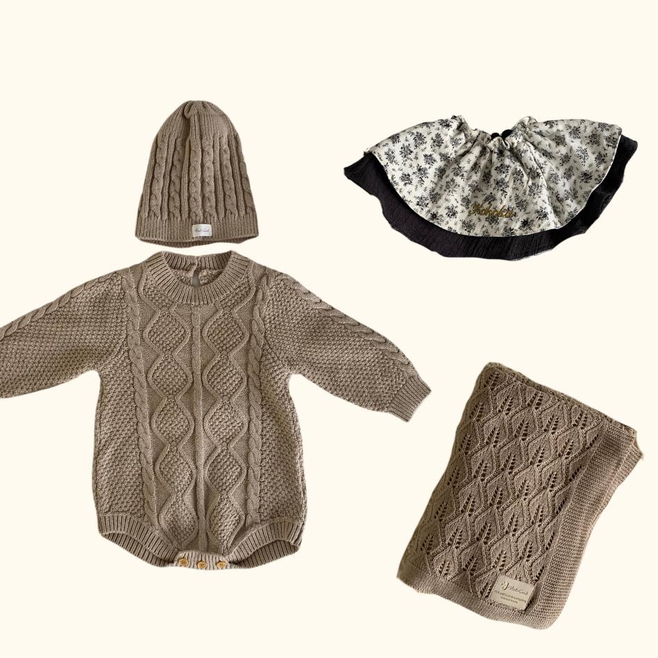 [Gift Set] Cotton Knit Romper & Blanket & Gaze RollingBib set