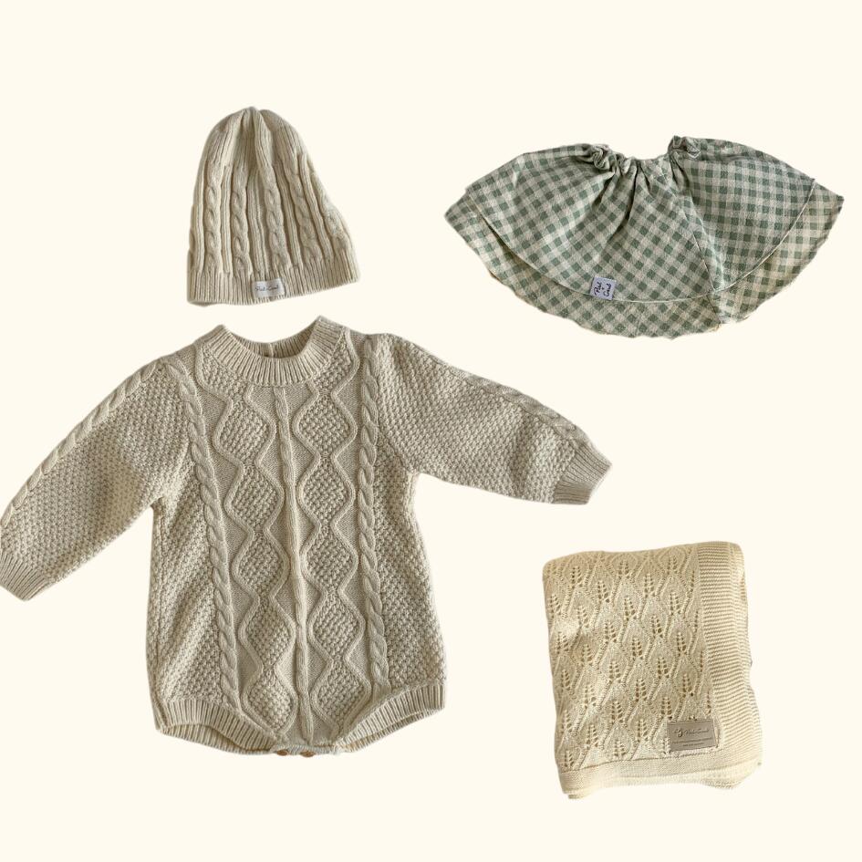 [Gift Set] Cotton Knit Romper & Blanket & Gaze RollingBib set