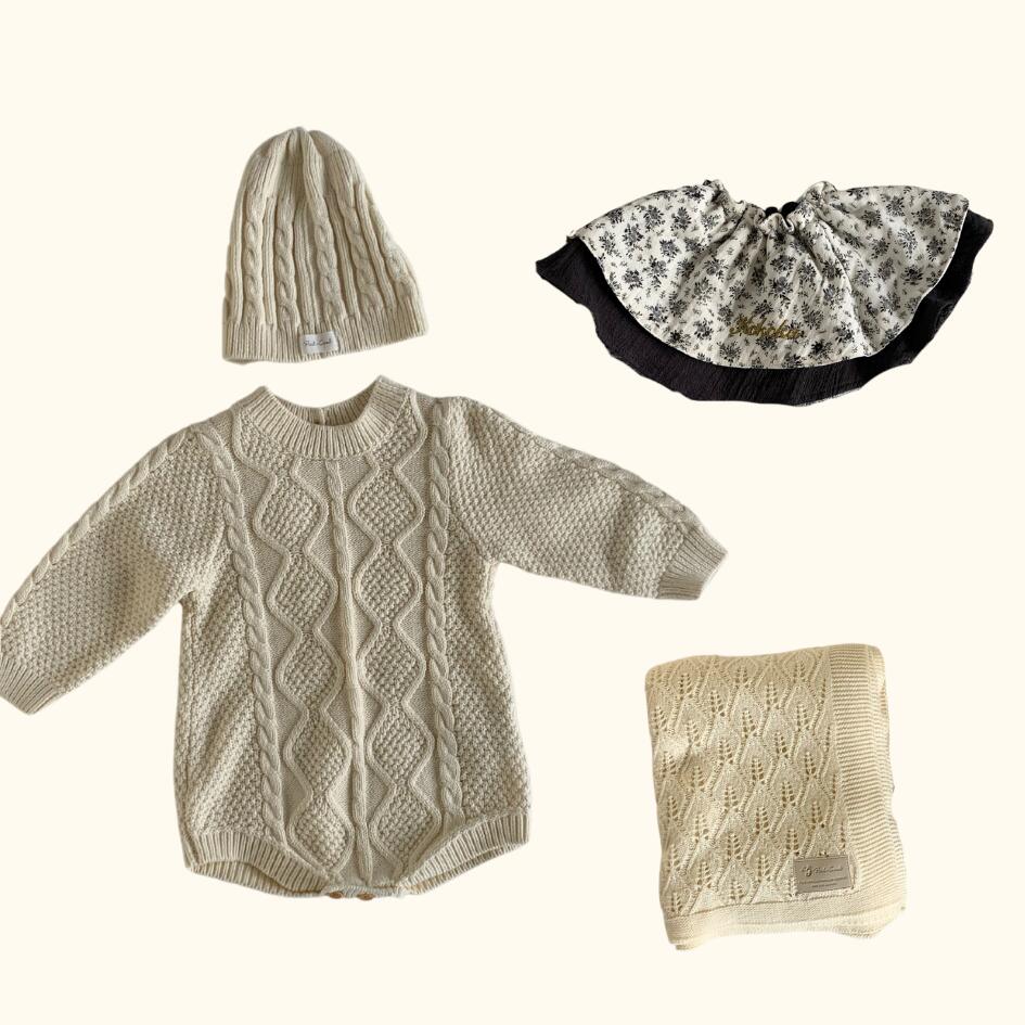 [Gift Set] Cotton Knit Romper & Blanket & Gaze RollingBib set