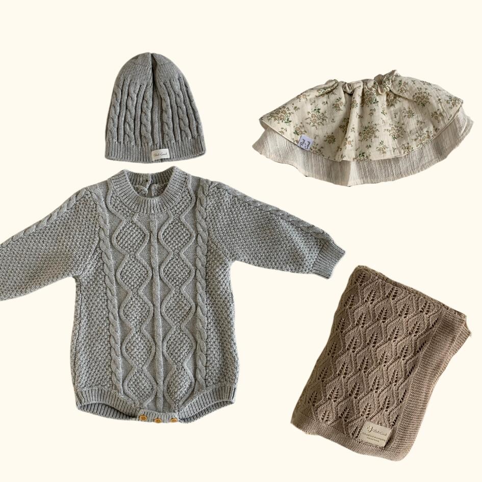 [Gift Set] Cotton Knit Romper & Blanket & Gaze RollingBib set