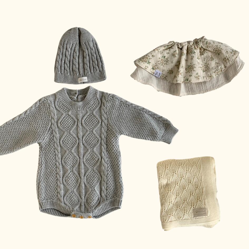 [Gift Set] Cotton Knit Romper & Blanket & Gaze RollingBib set