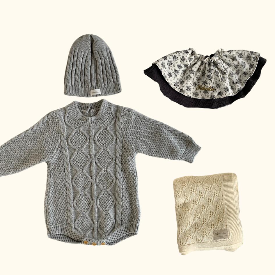 [Gift Set] Cotton Knit Romper & Blanket & Gaze RollingBib set