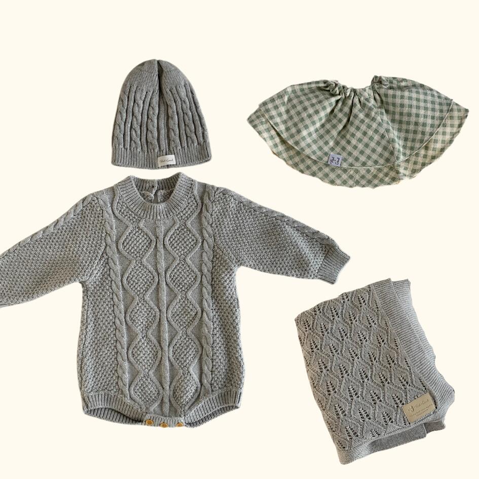 [Gift Set] Cotton Knit Romper & Blanket & Gaze RollingBib set