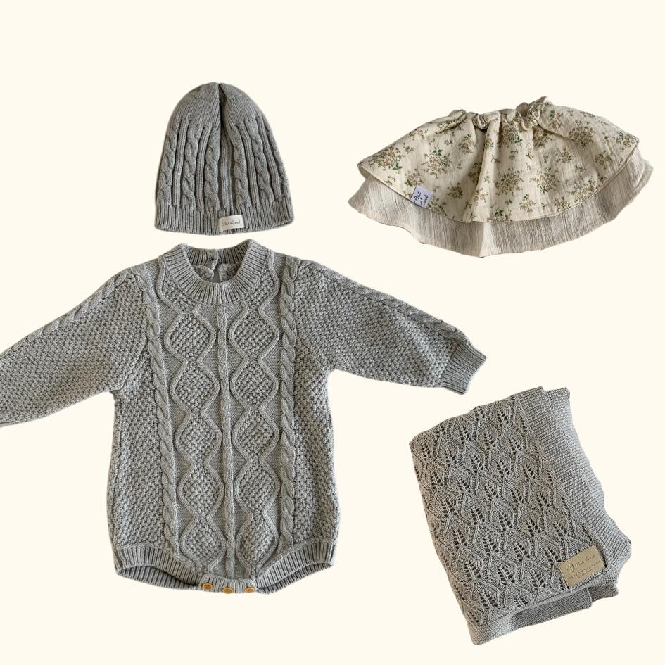 [Gift Set] Cotton Knit Romper & Blanket & Gaze RollingBib set