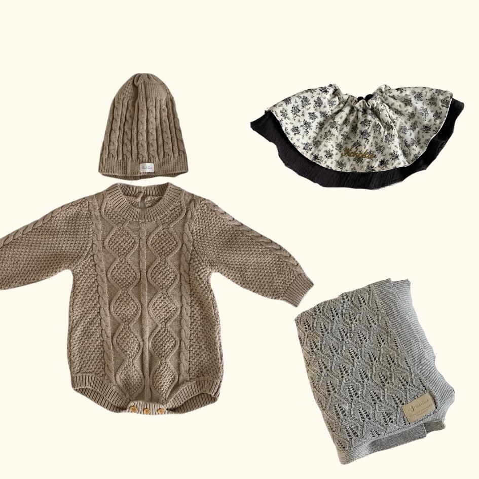 [Gift Set] Cotton Knit Romper & Blanket & Gaze RollingBib set