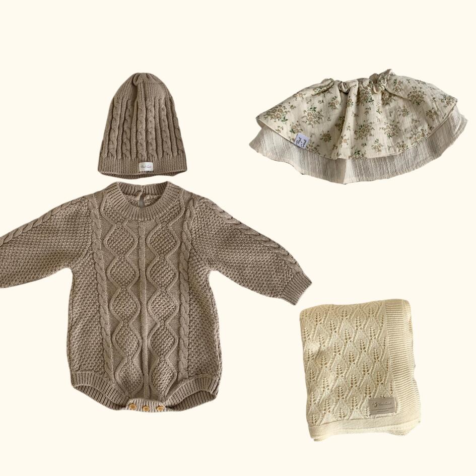 [Gift Set] Cotton Knit Romper & Blanket & Gaze RollingBib set