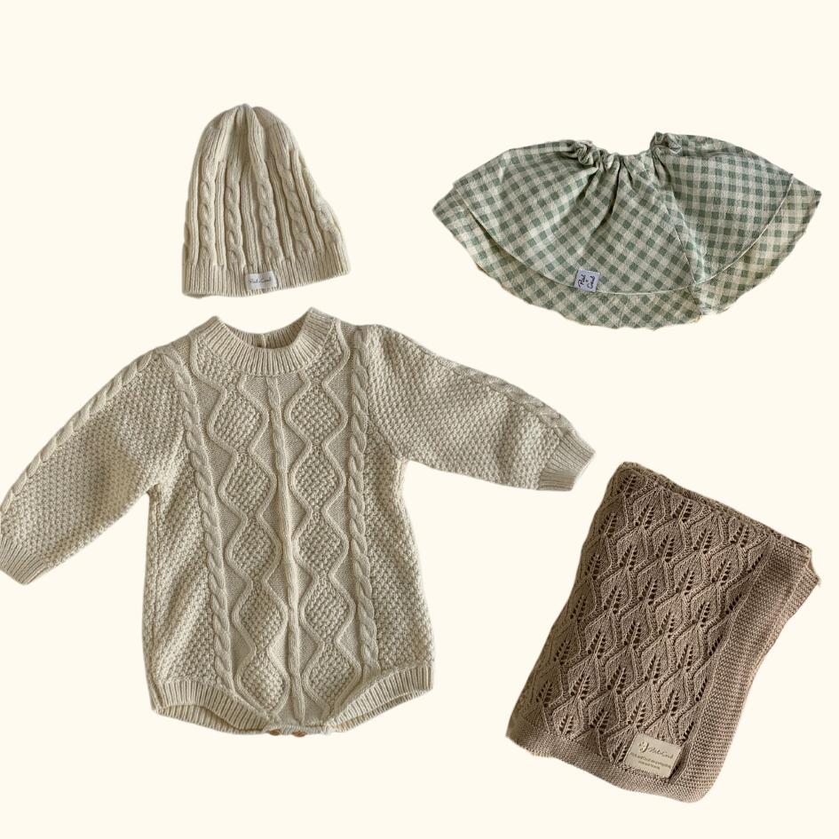 [Gift Set] Cotton Knit Romper & Blanket & Gaze RollingBib set