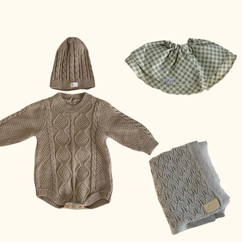 [Gift Set] Cotton Knit Romper & Blanket & Gaze RollingBib set