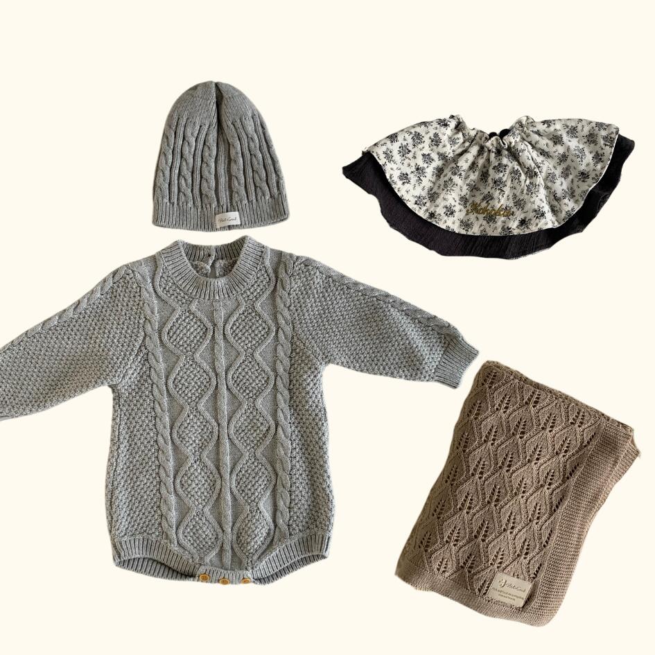 [Gift Set] Cotton Knit Romper & Blanket & Gaze RollingBib set