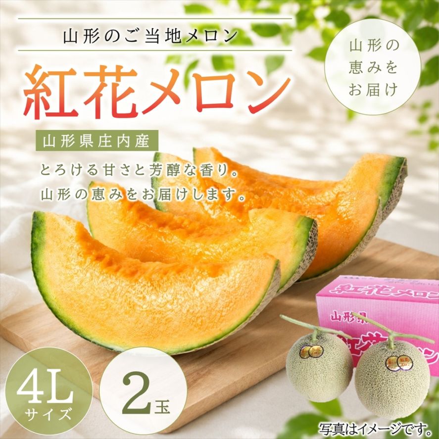山形のご当地メロン「紅花メロン」　4Lサイズ　2玉入箱（赤肉・つる付）【V-02】