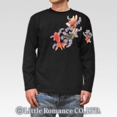 和柄刺繍長袖Ｔシャツ★メンズM寸★金魚★紺地、綿100%★ビンテージ加工、サンプル品★送料込み、即決特価★ 和柄 和柄ロンT ロンT 鯉 刺繍 和柄Tシャツ プリント 鯉