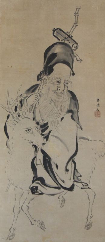 狩野探幽　水墨画　掛け軸　寿老人　骨董　紙本 Yahoo!オークション - 【真作】【仙】狩野探幽「福禄寿」紙本