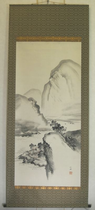 【真作】秀嶺/山村静日/山水人物図/農村風景/横物/掛軸/名家伝来/AA-310 真作】秀嶺/山村静日/山水人物図/農村風景/横物/掛軸/名家伝来