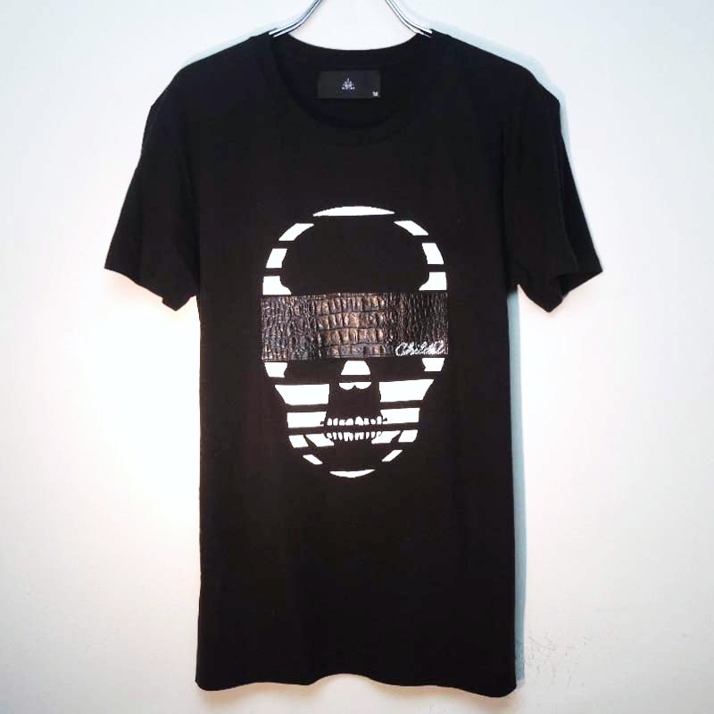 (�ܵ���)Skull Swarovski leather T-shirt Black