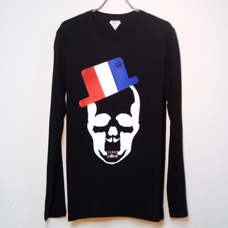 Skull Hat France color Swarovski Long T-shirt Black