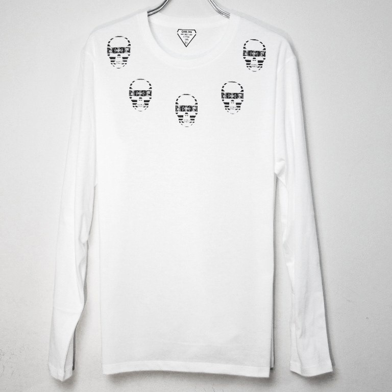 Five Skull Necklace Long T-shirt  White��Black