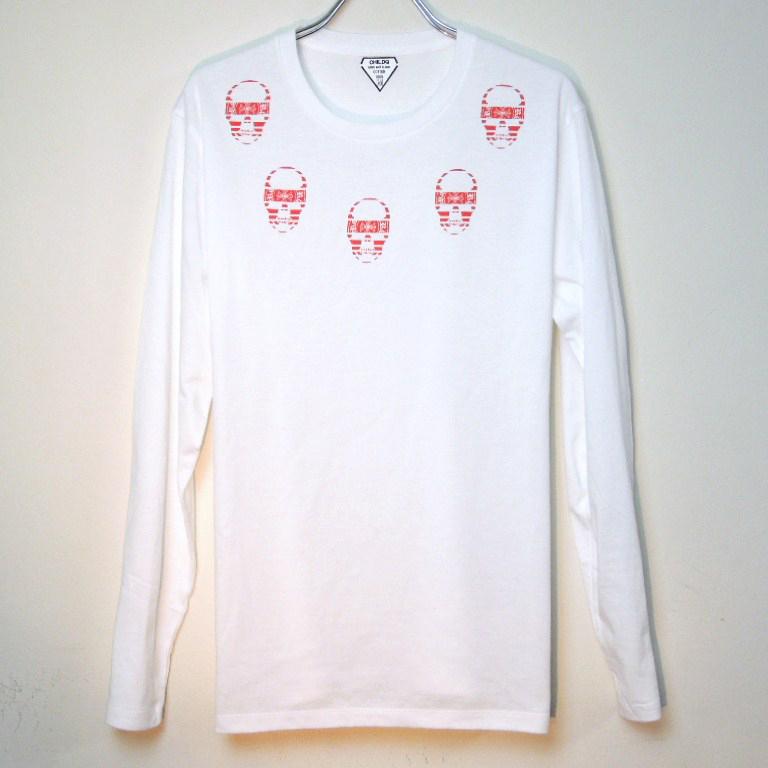 Five Skull Necklace Long T-shirt White �� red