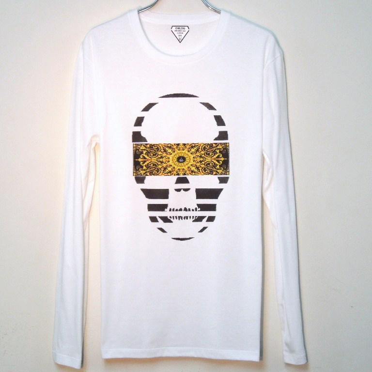 Skull yellow black pattern Long T-shirt White