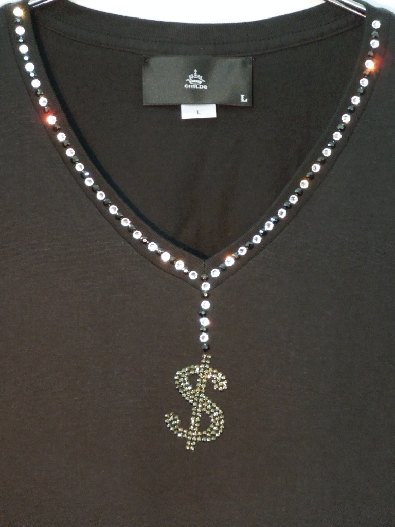 Dollar Swarovski necklace Long T-shirt��Black