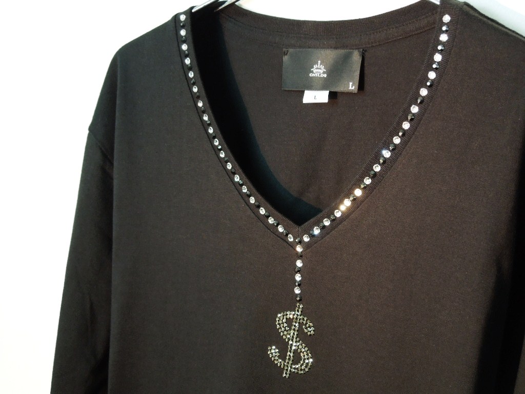Dollar Swarovski necklace Long T-shirt��Black