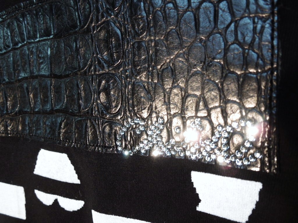 (�ܵ���)Skull Swarovski leather T-shirt Black