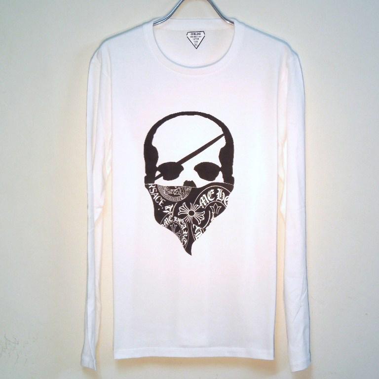 Skull Bandana Logo Pattern Long T Shirt White