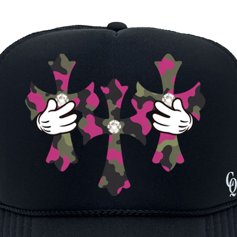 Three cross Crystal Camouflage Pink cap Black