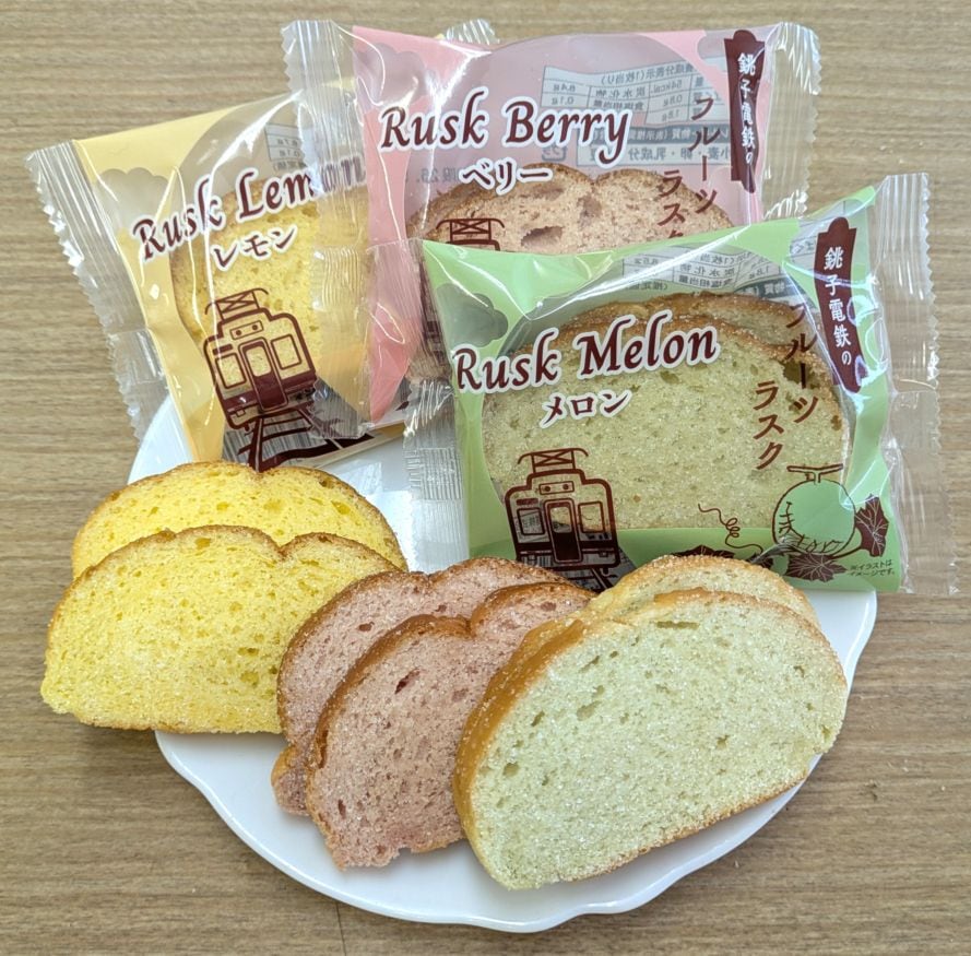 銚子電鉄フルーツラスク3種セット（メロン×1袋、イチゴ×1袋、レモン×1袋）