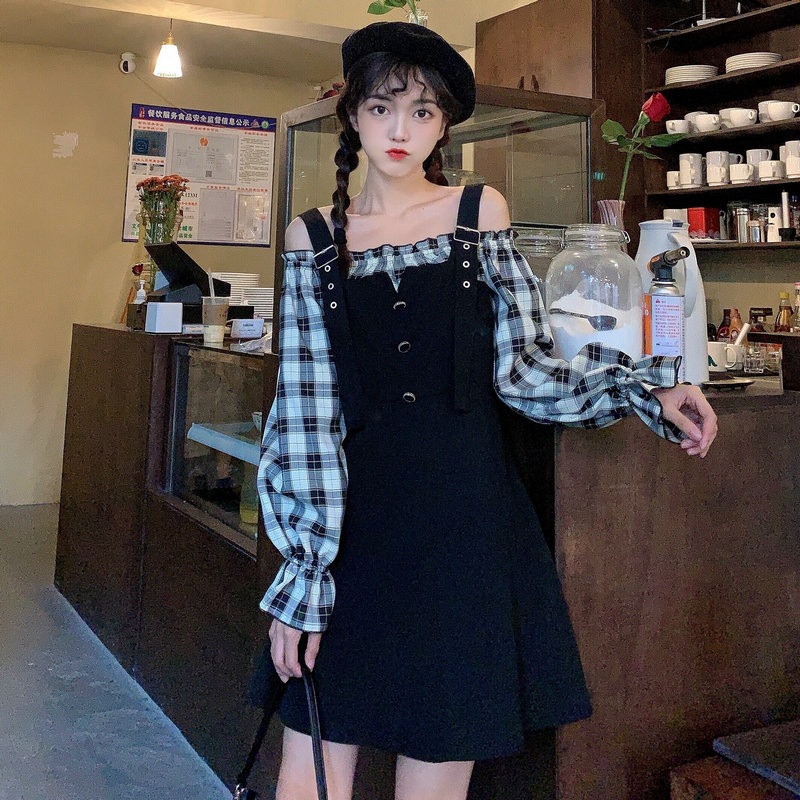 チェック柄フェイクツーピースストラップワンピース ワンピース S M L Xl ファッションカテゴリー ガーリー系 かわいい系 ワンピース Cielohuk