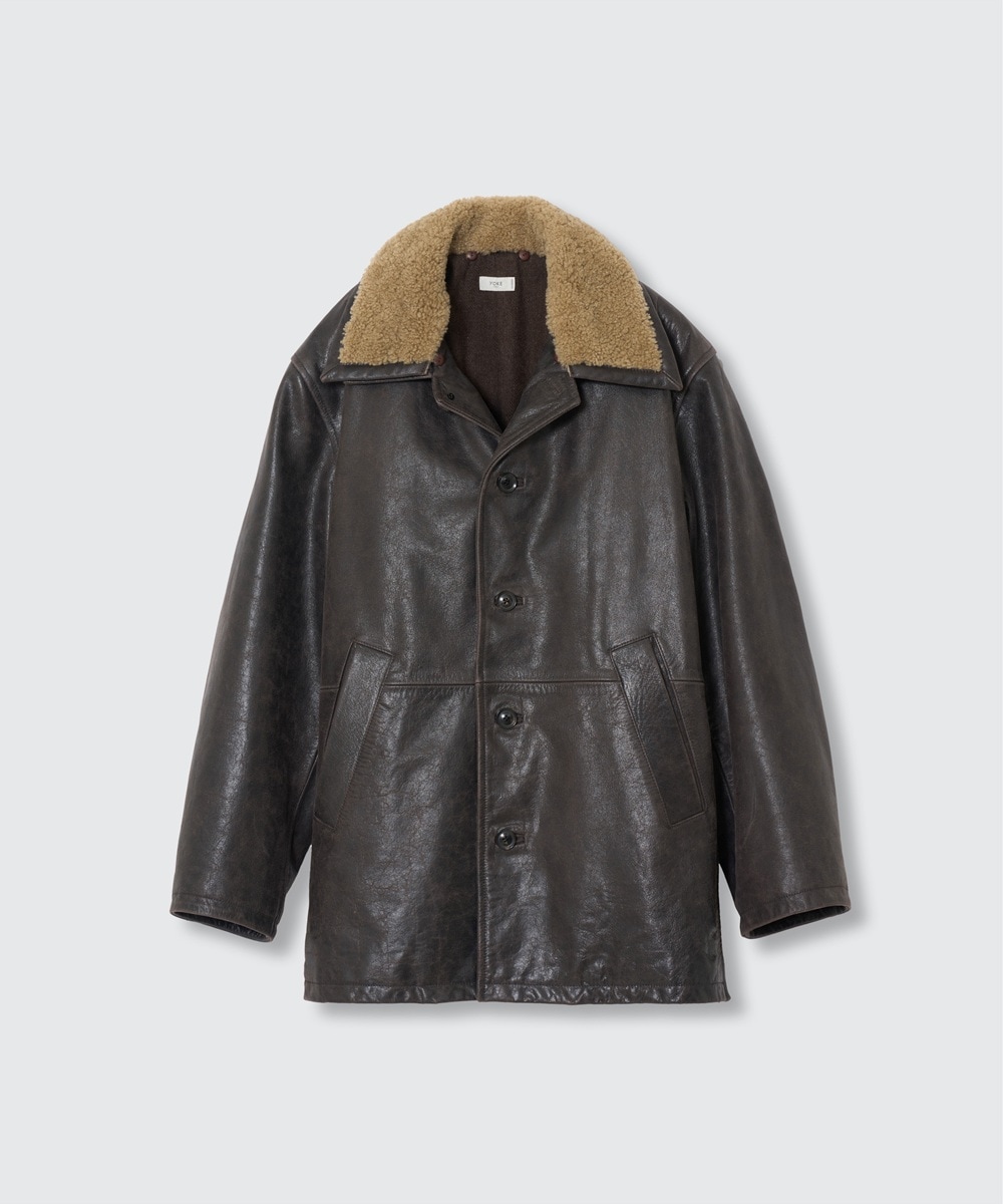 YOKE/ヨーク】Shearling Collar Leather Car Coat (Dark Brown