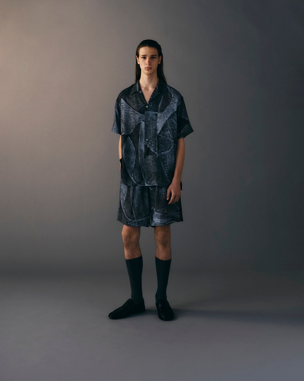 YOKE/ヨーク】Printed Tencell Open Collar Shirt (Black