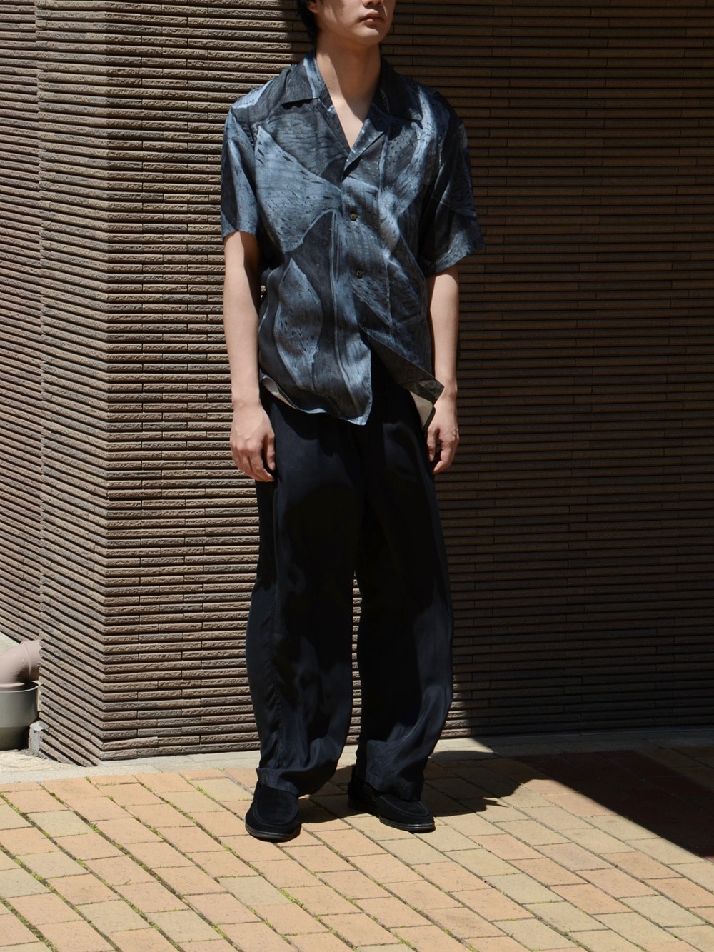 YOKE/ヨーク】Printed Tencell Open Collar Shirt (Black