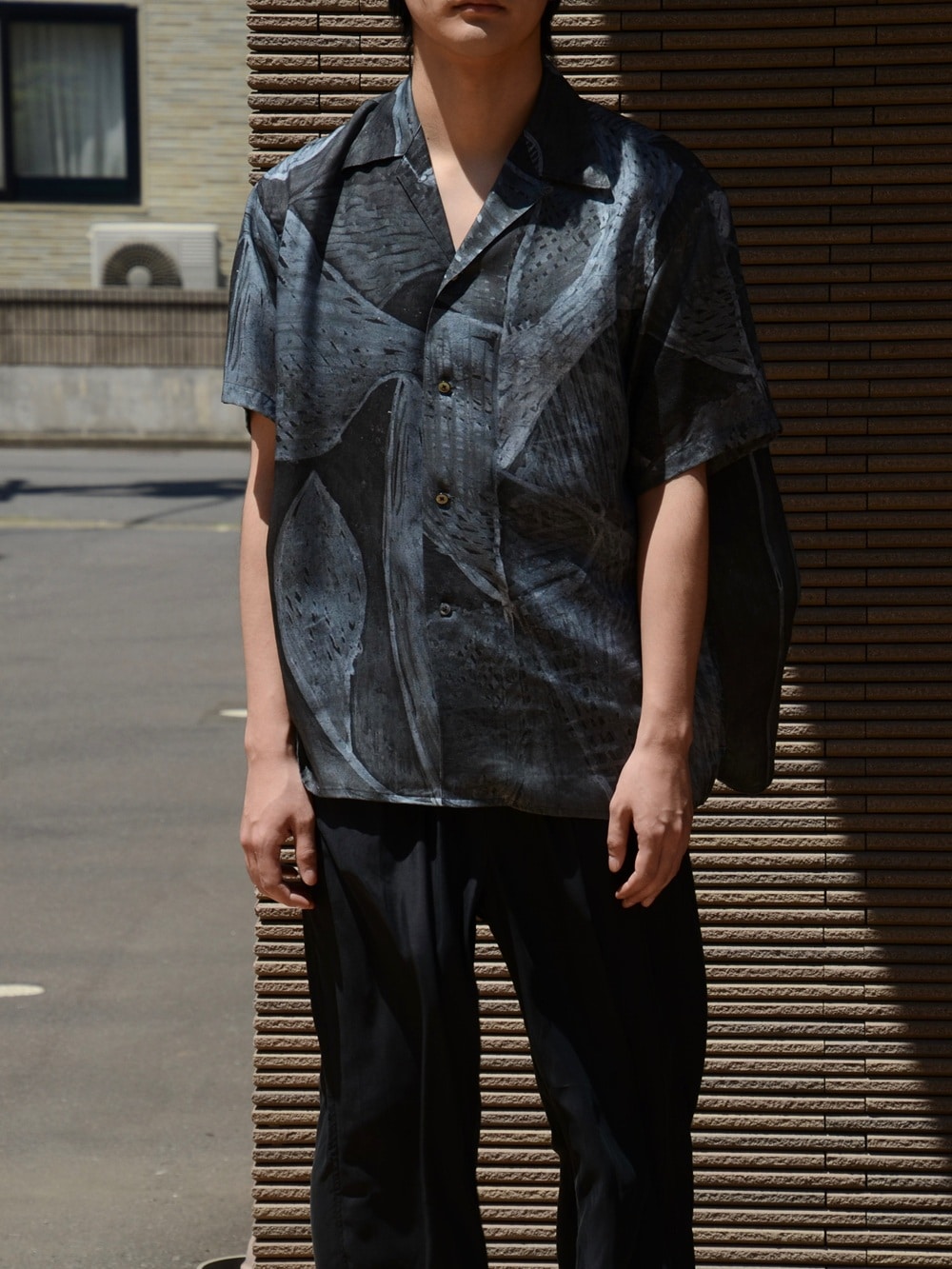 YOKE/ヨーク】Printed Tencell Open Collar Shirt (Black