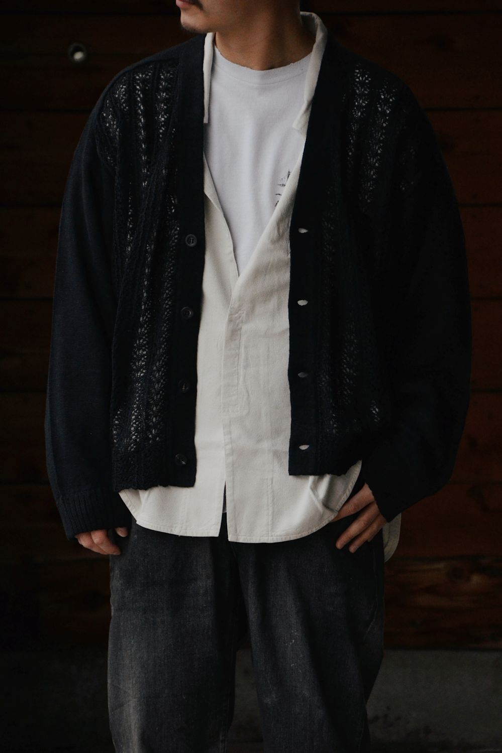 ANCELLM アンセルム LACED KNIT CARDIGAN (BLACK) ANC-KN25 - CIENTO