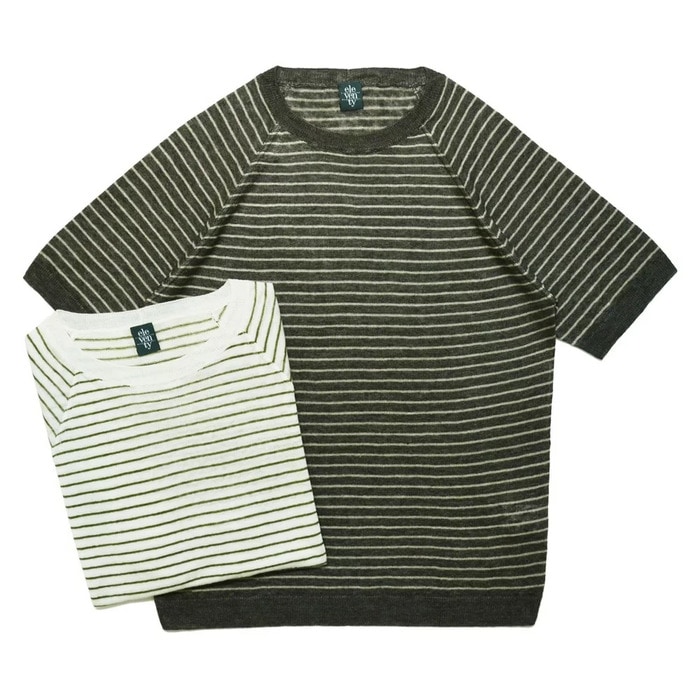 eleventy（イレブンティ）<br>リネンボーダーS/Sクルーネックニット 979MA0081 12161011027