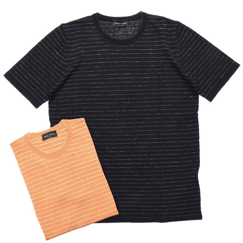 【40%OFF】roberto collina（ロベルト コリーナ）<br>ハイゲージリネンナイロンボーダーS/Sクルーネックニット RA39021 16091001025