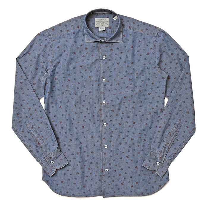 【SALE52%OFF】ORIAN（オリアン）<br>DENIM DIVISION コットン シャンブレー フルーツプリント セミワイドカラーシャツ 31071014005