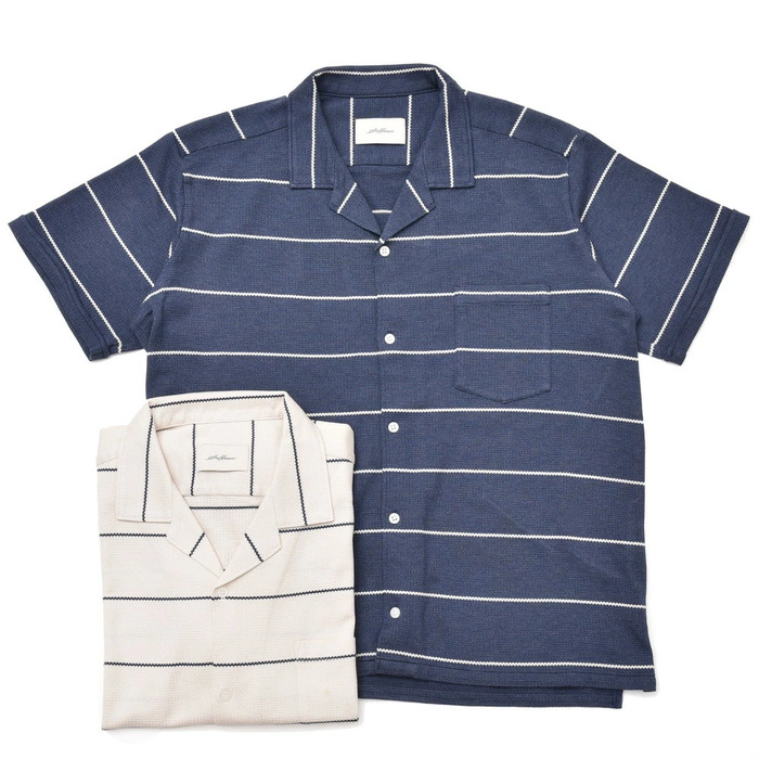 【40%OFF】SeaGreen（シーグリーン）<br>コットンボーダーオープンカラーS/Sシャツ MSG19S766 16091401043