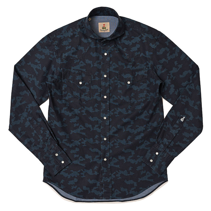 【40%OFF】GUY ROVER（ギローバー）コットン インディゴ カモフラ ウエスタン ワイドカラーシャツ 31071001027