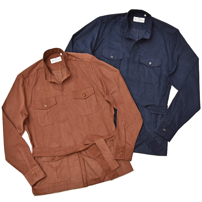 【SALE52%OFF】Massimo d'Augusto（マッシモ ダウグスト）<br>SAHARIANA コットン コーデュロイ ボタンレス ベルテッド スタンドカラー サファリシャツ 31082003134