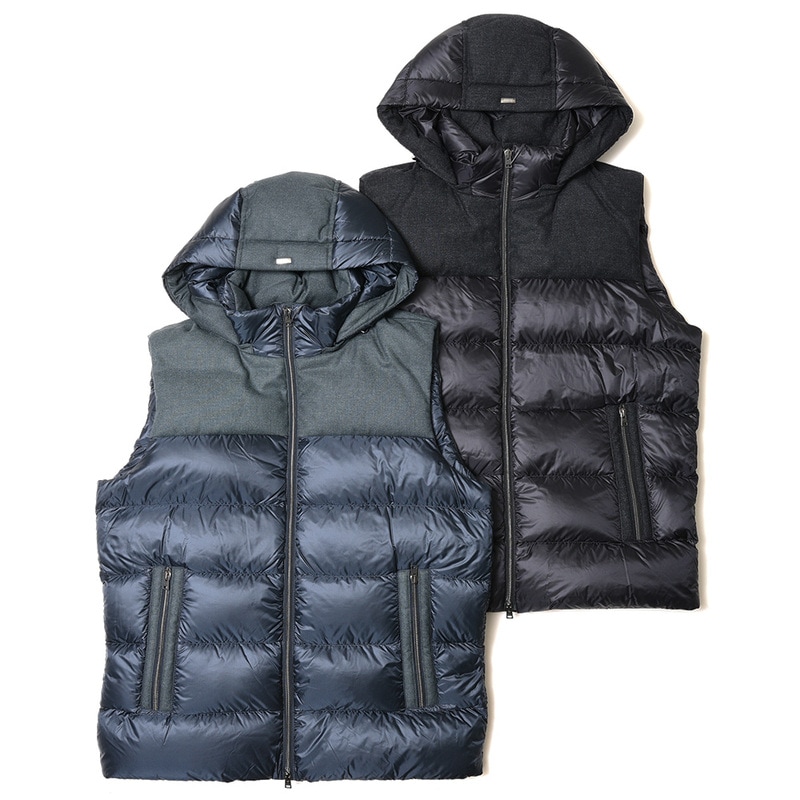 【SALE52%OFF】HERNO（ヘルノ）<br>メランジフランネル×ナイロンウルトラライトコンビダウンベスト PI000948U-33347+12020 14022004132