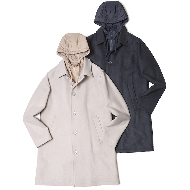 【SALE52%OFF】HERNO（ヘルノ）<br>ウールナイロンダイアゴナルライトツィードデタッチャブルフーディーバルカラーコート CA000137U-33344 14122001132