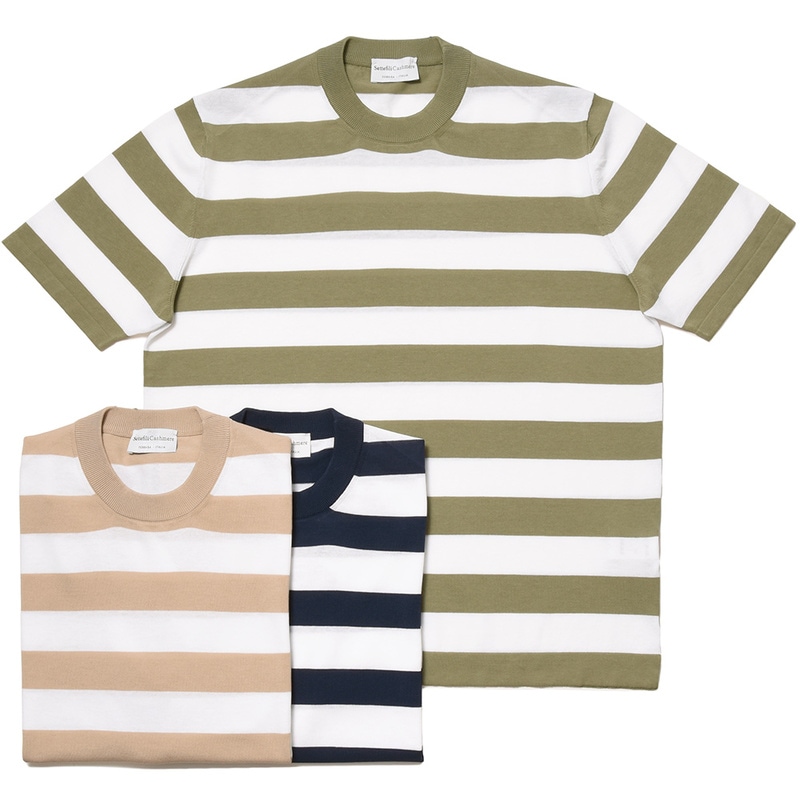 Settefili Cashmere（セッテフィーリ カシミア）<br>コットン ハイゲージ ボーダー ショートスリーブ クルーネック ニット