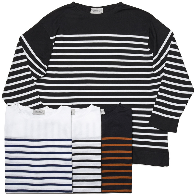 JOHN SMEDLEY（ジョンスメドレー）<br>S4583 シーアイランドコットン 30ゲージ ボーダー バスクシャツ 8分袖 ボートネック ニット