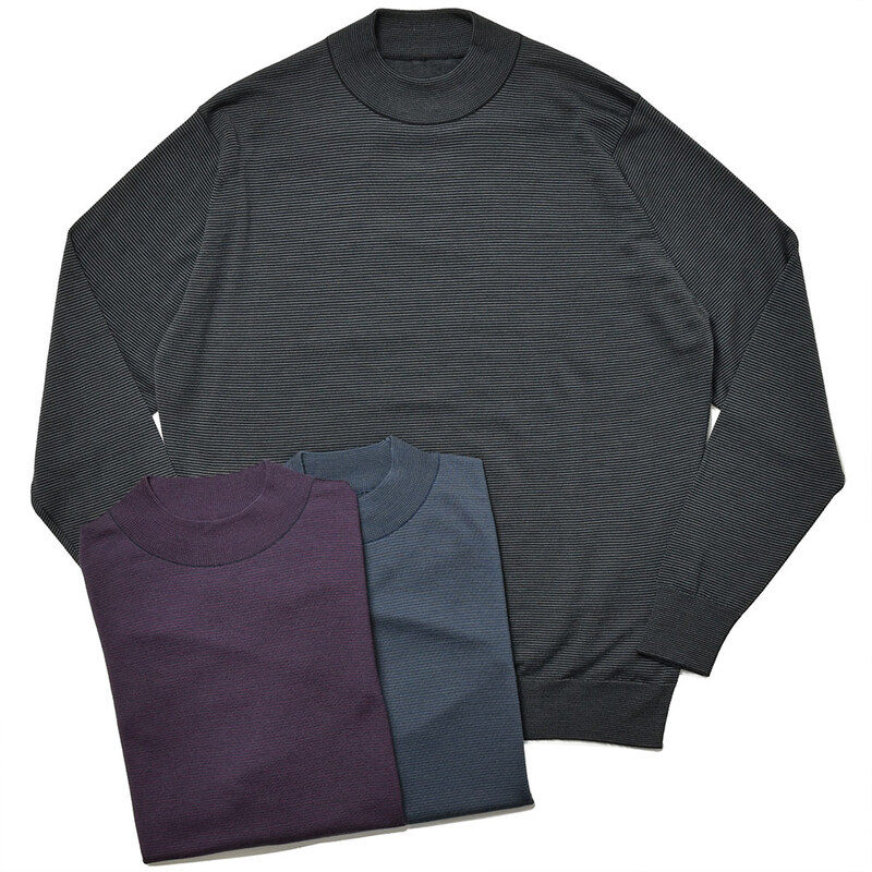 JOHN SMEDLEY（ジョンスメドレー）<br>A4653 メリノウール 30ゲージ マイクロボーダー モックネック ニット