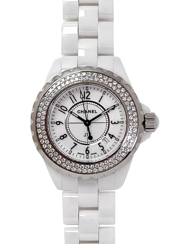 電池交換済 CHANEL シャネル J12 純正ダイヤベゼル H0967 ダイヤモンド デイト 200m防水 ホワイト セラミック レディース クォーツ【6ヶ月保証】【腕時計】【中古】 CHANEL - 電池交換済 CHANEL シャネル J12 33mm ダイヤベゼル H0967