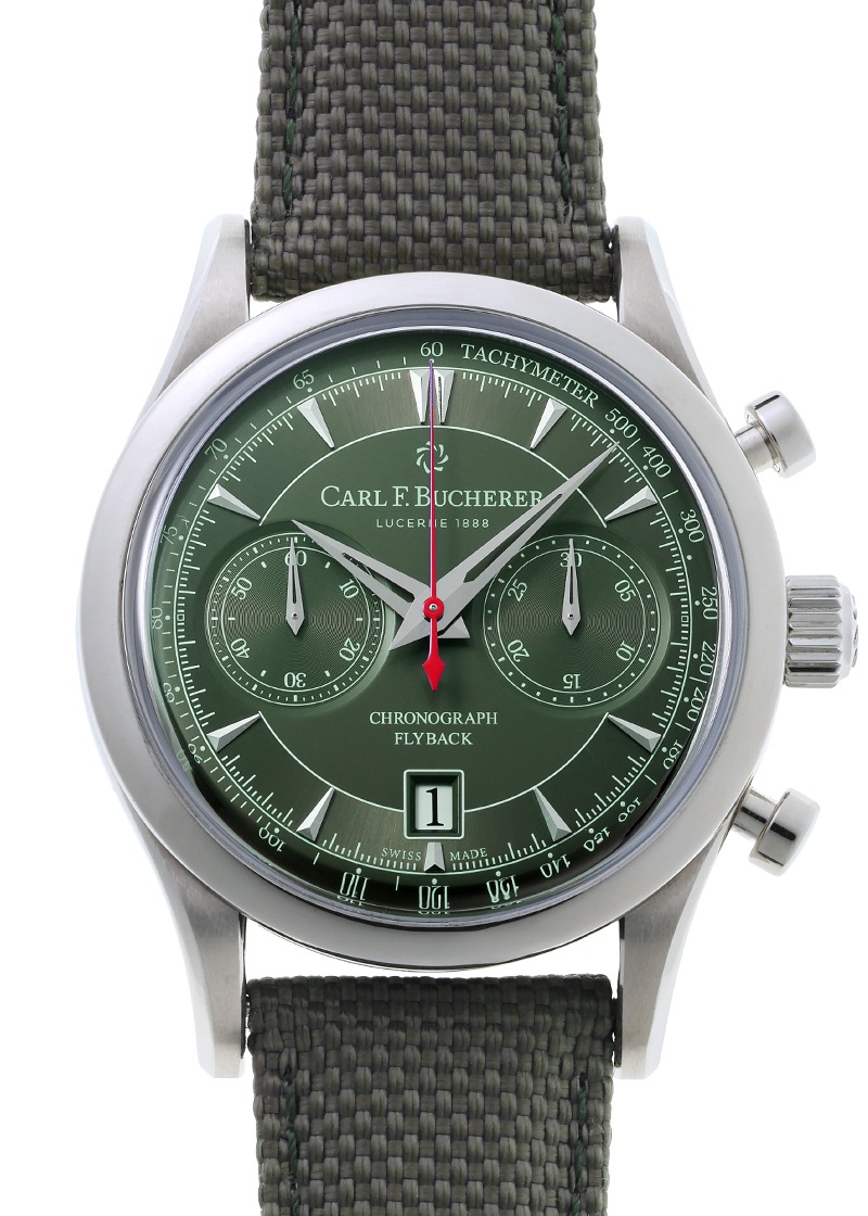 カール F.ブヘラ CARL F.BUCHERER 00.10919.08.93.98 マネロ フライバック デイト クロノグラフ 自動巻き メンズ 美品 保証書付き_968921 カール F. ブヘラ - マネロ フライバック グリーン | CARL F.BUCHERER