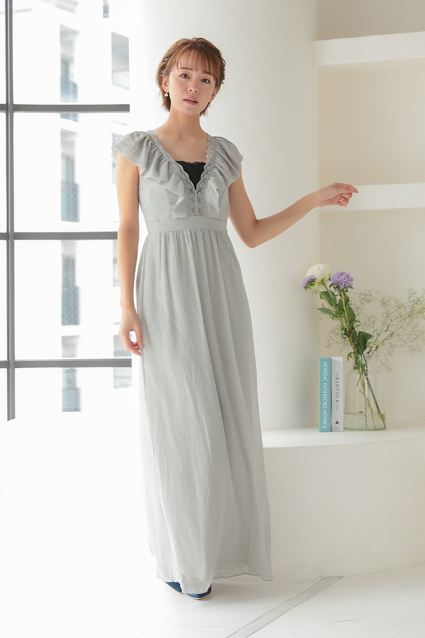 DelinquentGirl ストライプフリルドレス ゴールドストライプフリルロングドレス｜結婚式のパーティードレスなら